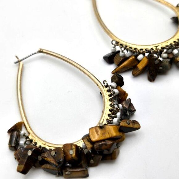 Goldtone Hoop Earrings with Tigers Eye Chips and White Seed Bead Fringe - Picture 3 of 5